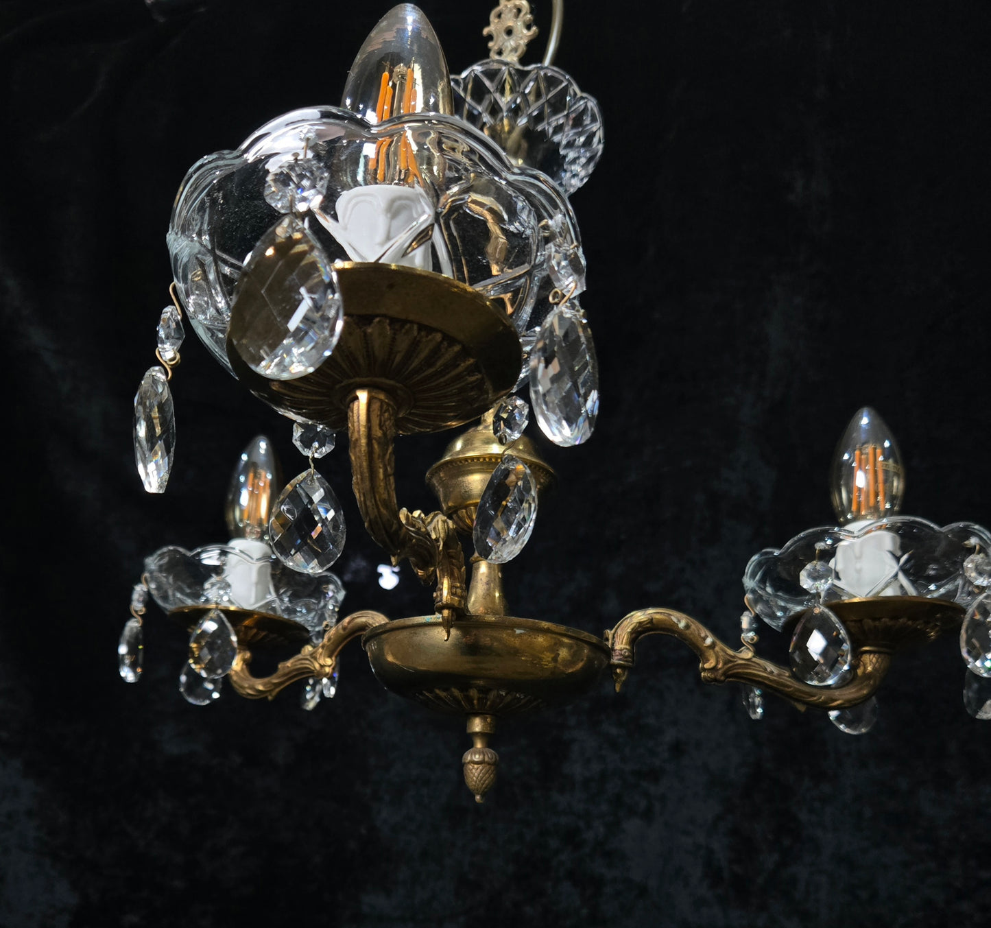 Lovely Vintage French 3 Arm Brass Foliage Crystal Chandelier Ceiling Light