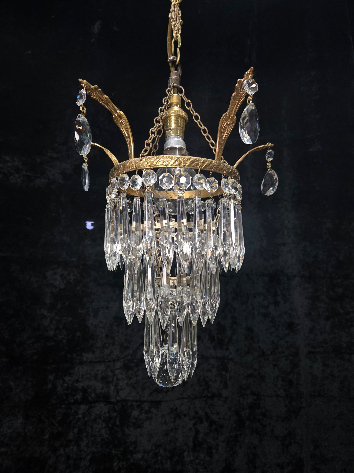 Beautiful Antique French Crystal Waterfall Brass Leaf Chandelier Ceiling Light