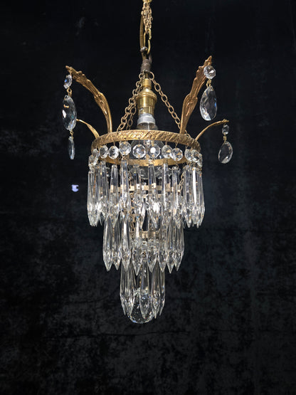 Beautiful Antique French Crystal Waterfall Brass Leaf Chandelier Ceiling Light