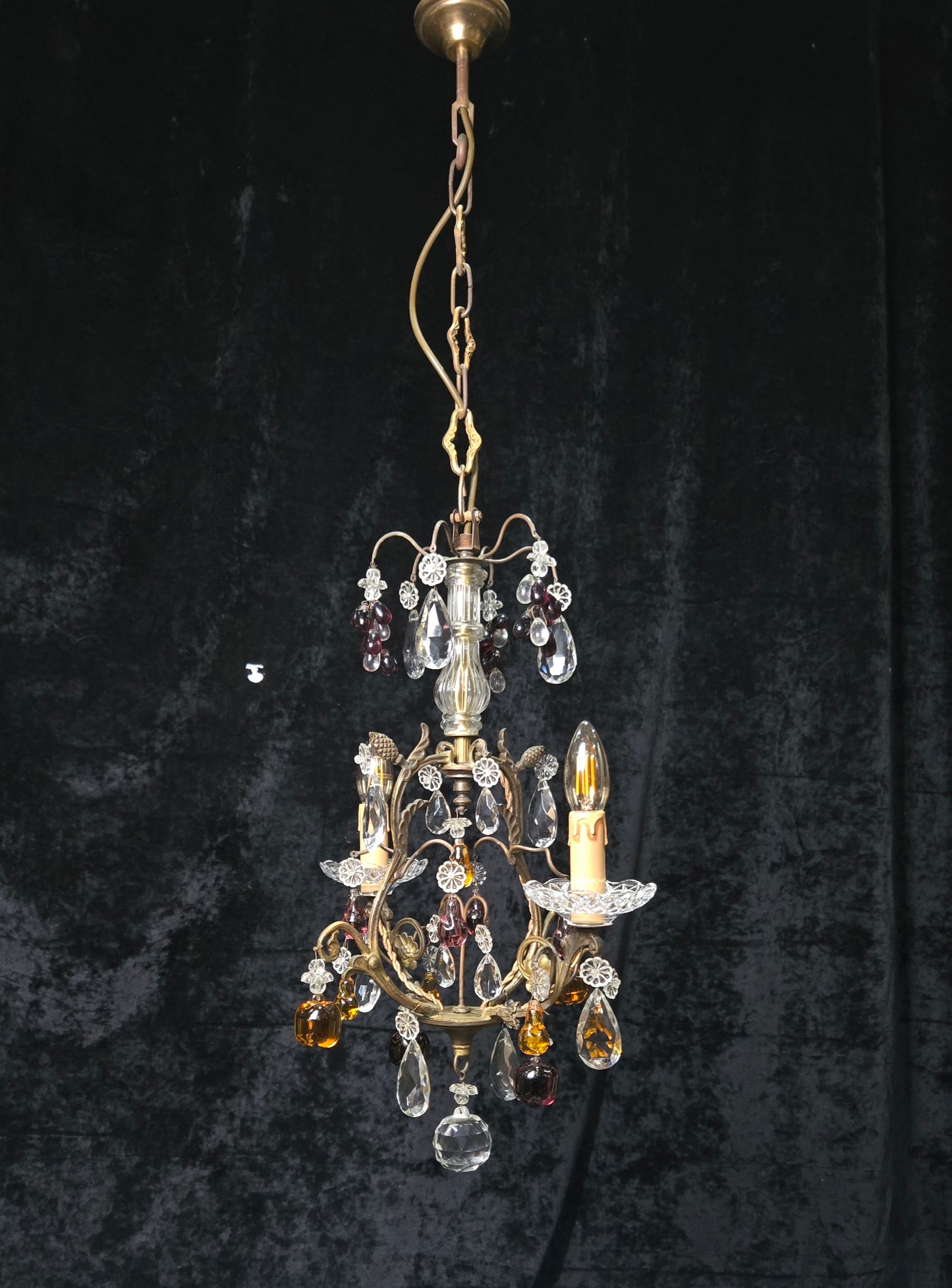 Exquisite Antique French 2 Arm Caged Murano Crystal Brass Chandelier Light