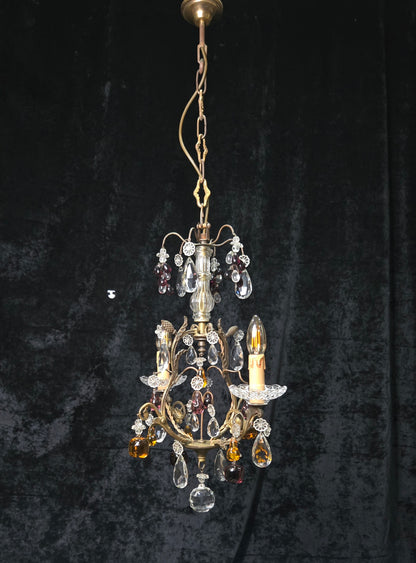 Exquisite Antique French 2 Arm Caged Murano Crystal Brass Chandelier Light