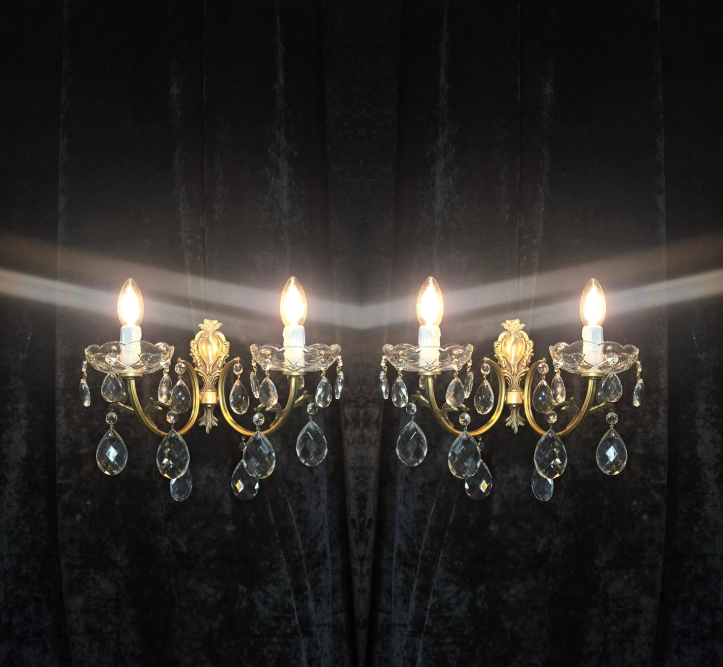 Lovely Pair of Vintage French 2 Arm Brass Leaf Crystal Wall Lights Sconces