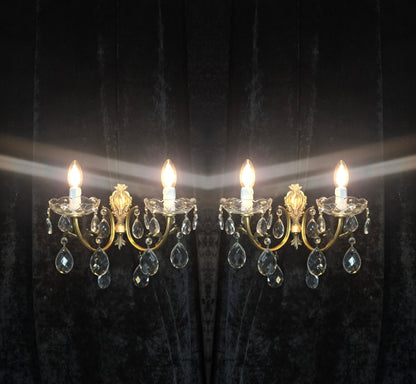 Lovely Pair of Vintage French 2 Arm Brass Leaf Crystal Wall Lights Sconces