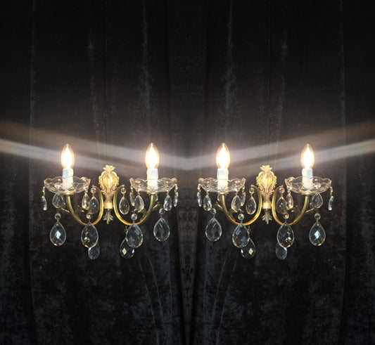 Lovely Pair of Vintage French 2 Arm Brass Leaf Crystal Wall Lights Sconces