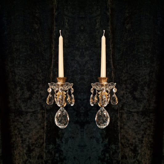Lovely Pair Vintage Italian 1 Arm Brass Crystal Candle Wall Lights Wall Sconces