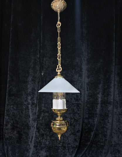 Unique Vintage Milk Glass Brass Bouillotte Oil Lamp Style 3 Light Chandelier