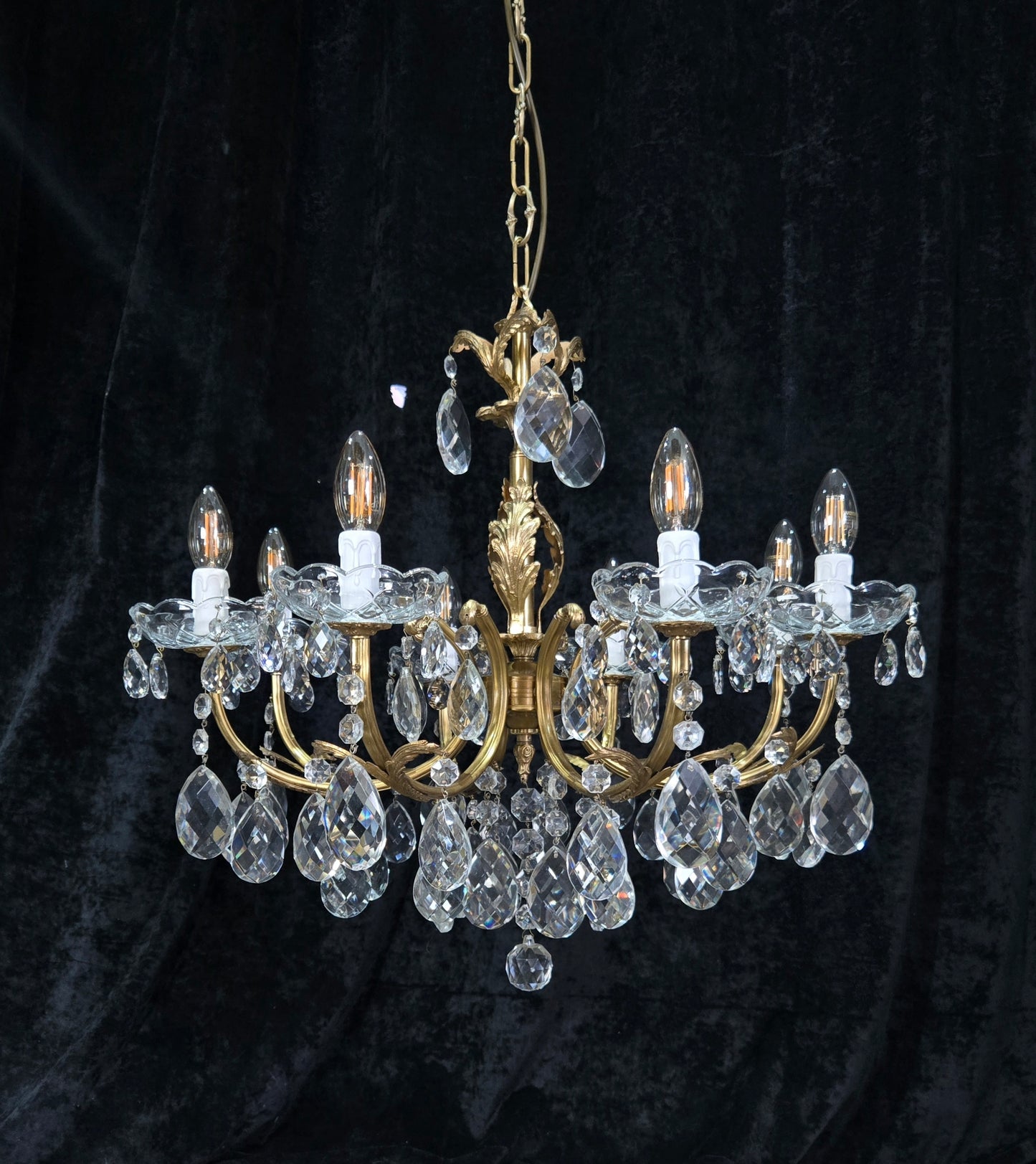 Beautiful Vintage Italian 8 Arm Brass Crystal Leaf Chandelier Ceiling Light