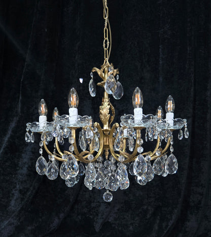 Beautiful Vintage Italian 8 Arm Brass Crystal Leaf Chandelier Ceiling Light