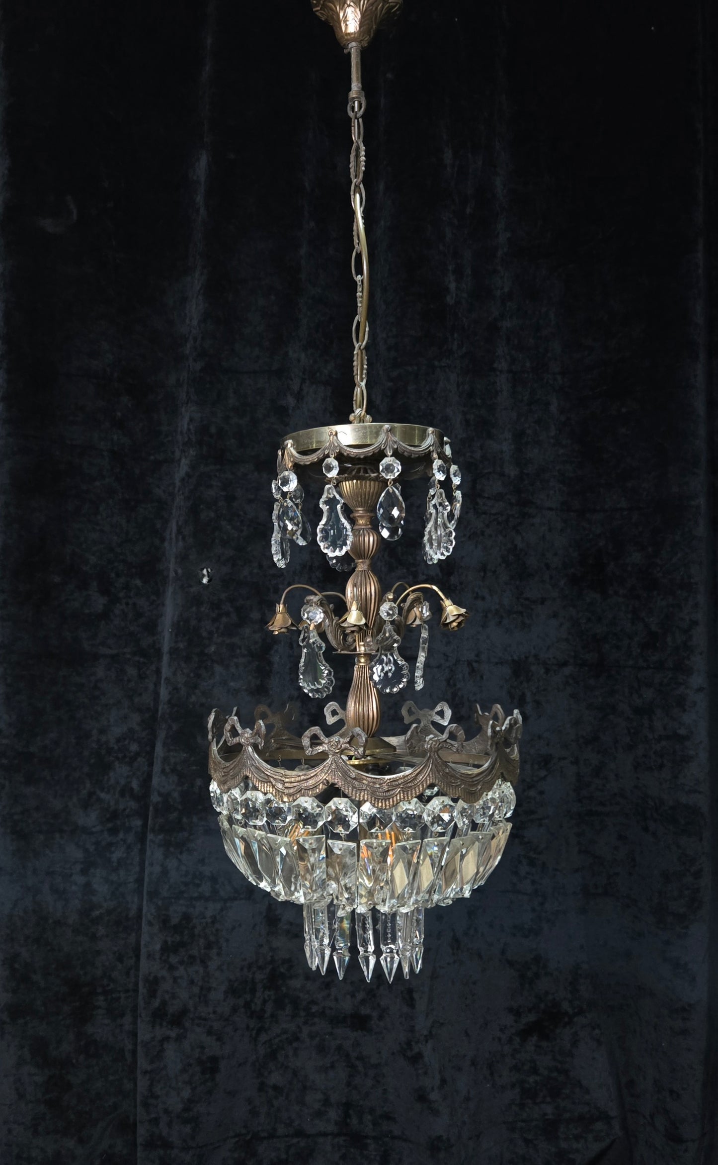 Beautiful Vintage Italian Brass 3 Light Crystal Bag Bows and Roses Chandelier