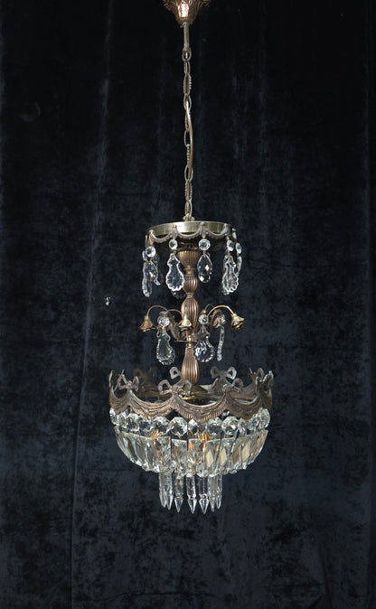 Beautiful Vintage Italian Brass 3 Light Crystal Bag Bows and Roses Chandelier
