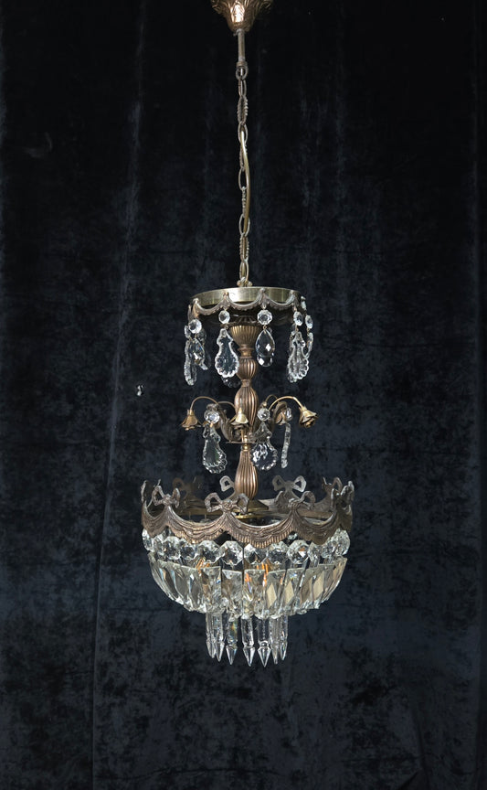 Beautiful Vintage Italian Brass 3 Light Crystal Bag Bows and Roses Chandelier