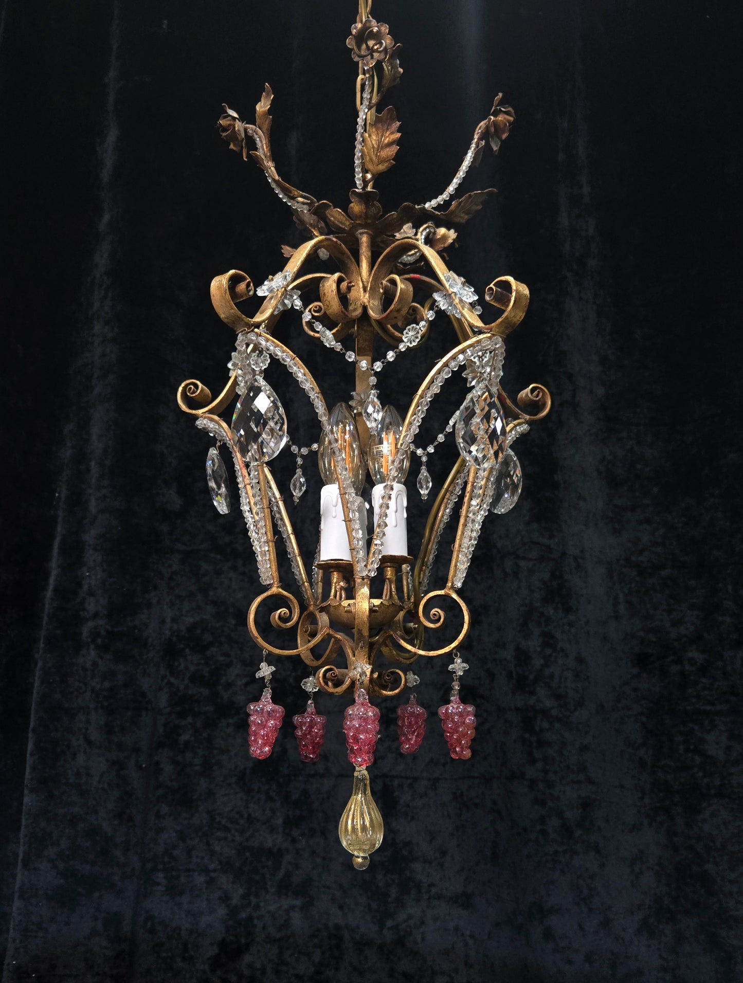 Fabulous Vintage Italian 3 Arm Caged Florentine Flower Crystal Chandelier Light