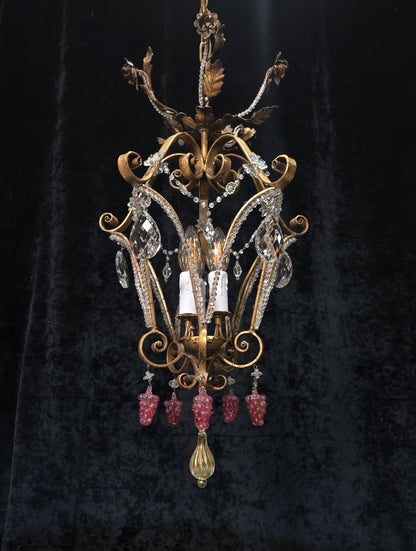 Fabulous Vintage Italian 3 Arm Caged Florentine Flower Crystal Chandelier Light