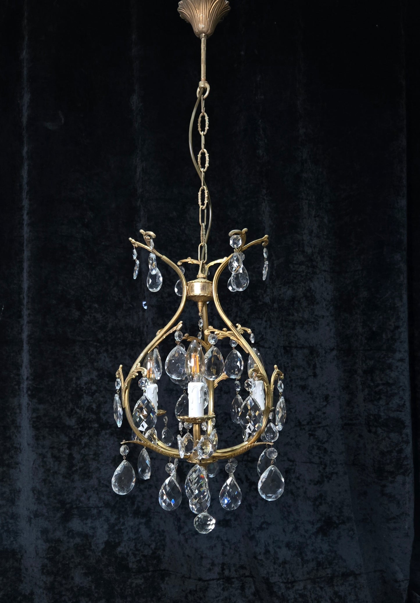Beautiful Vintage Italian 3 Arm Brass Crystal Cage Chandelier Ceiling Light