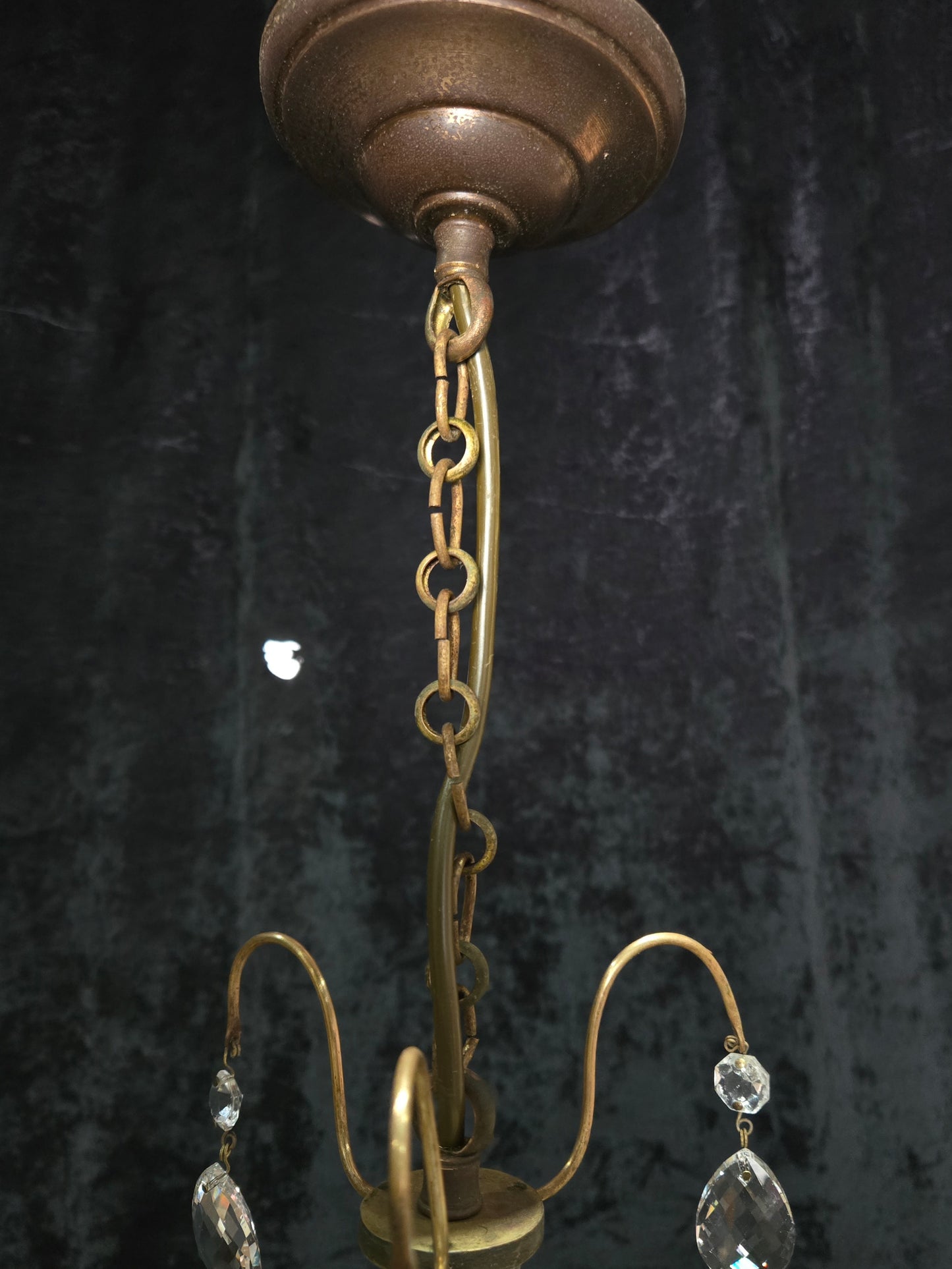 Lovely Petite Antique French 3 Arm Cage Brass Crystal Chandelier Ceiling Light