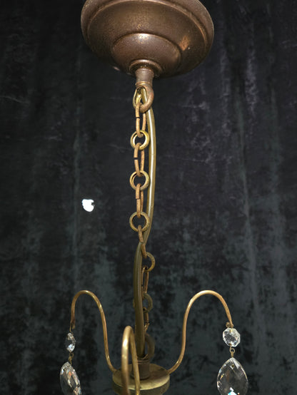 Lovely Petite Antique French 3 Arm Cage Brass Crystal Chandelier Ceiling Light