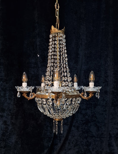 Traditional Antique French 5 Arm 6 Light Crystal Brass Montgolfiere Chandelier
