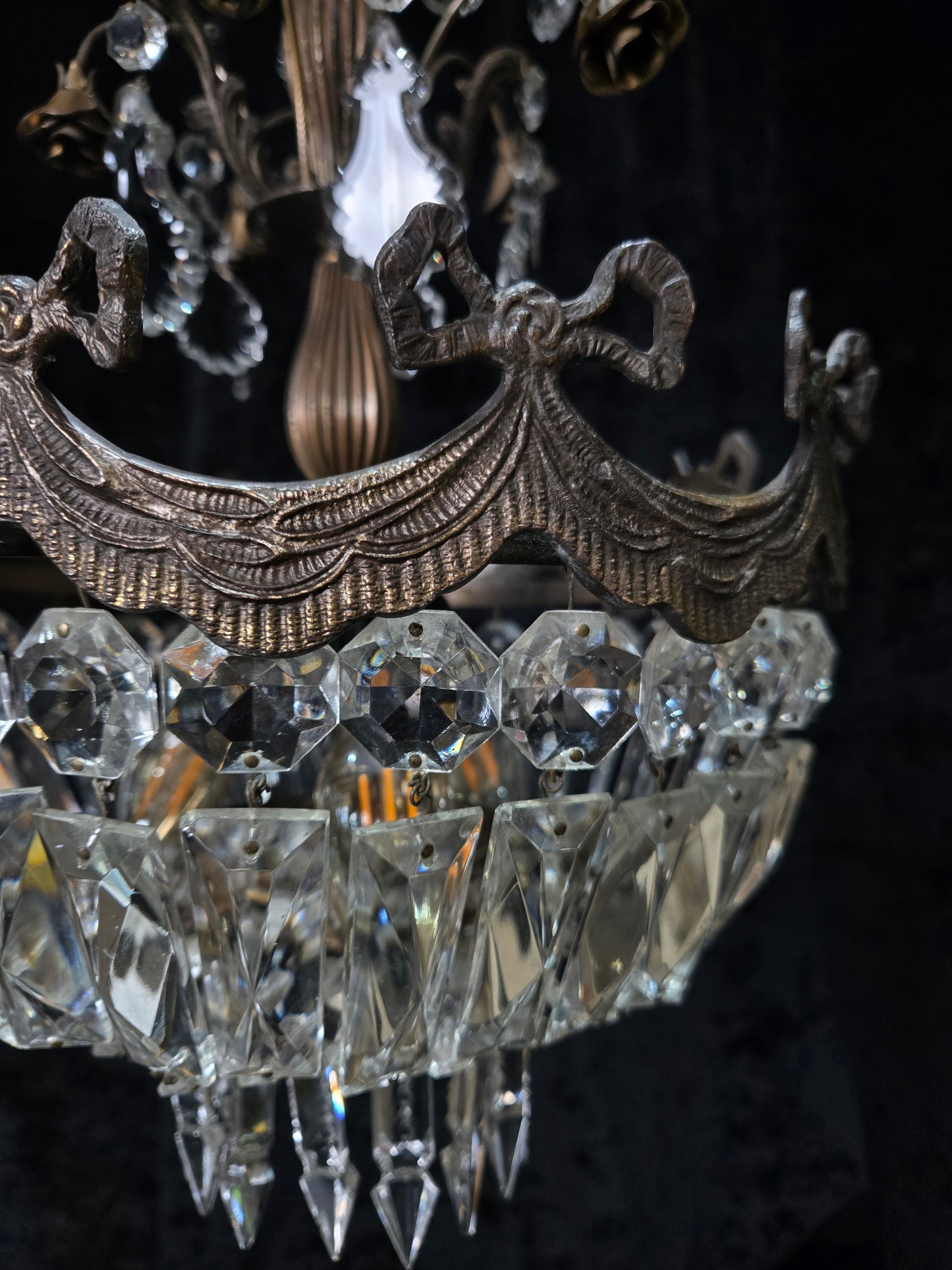 Beautiful Vintage Italian Brass 3 Light Crystal Bag Bows and Roses Chandelier