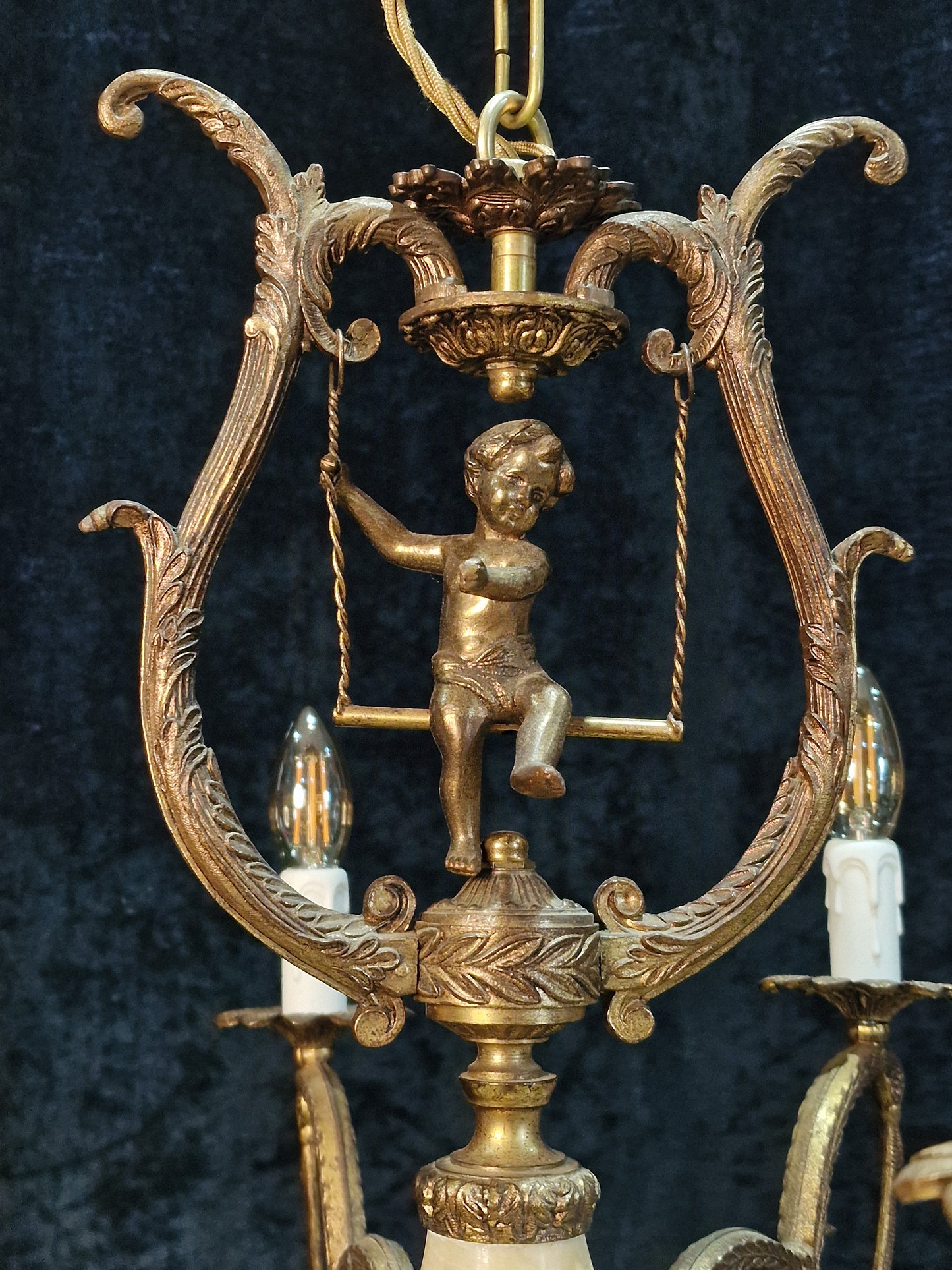 Fabulous Vintage Spanish Heavy Gilded Spelter 6 Arm Cherub Chandelier Light