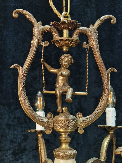 Fabulous Vintage Spanish Heavy Gilded Spelter 6 Arm Cherub Chandelier Light