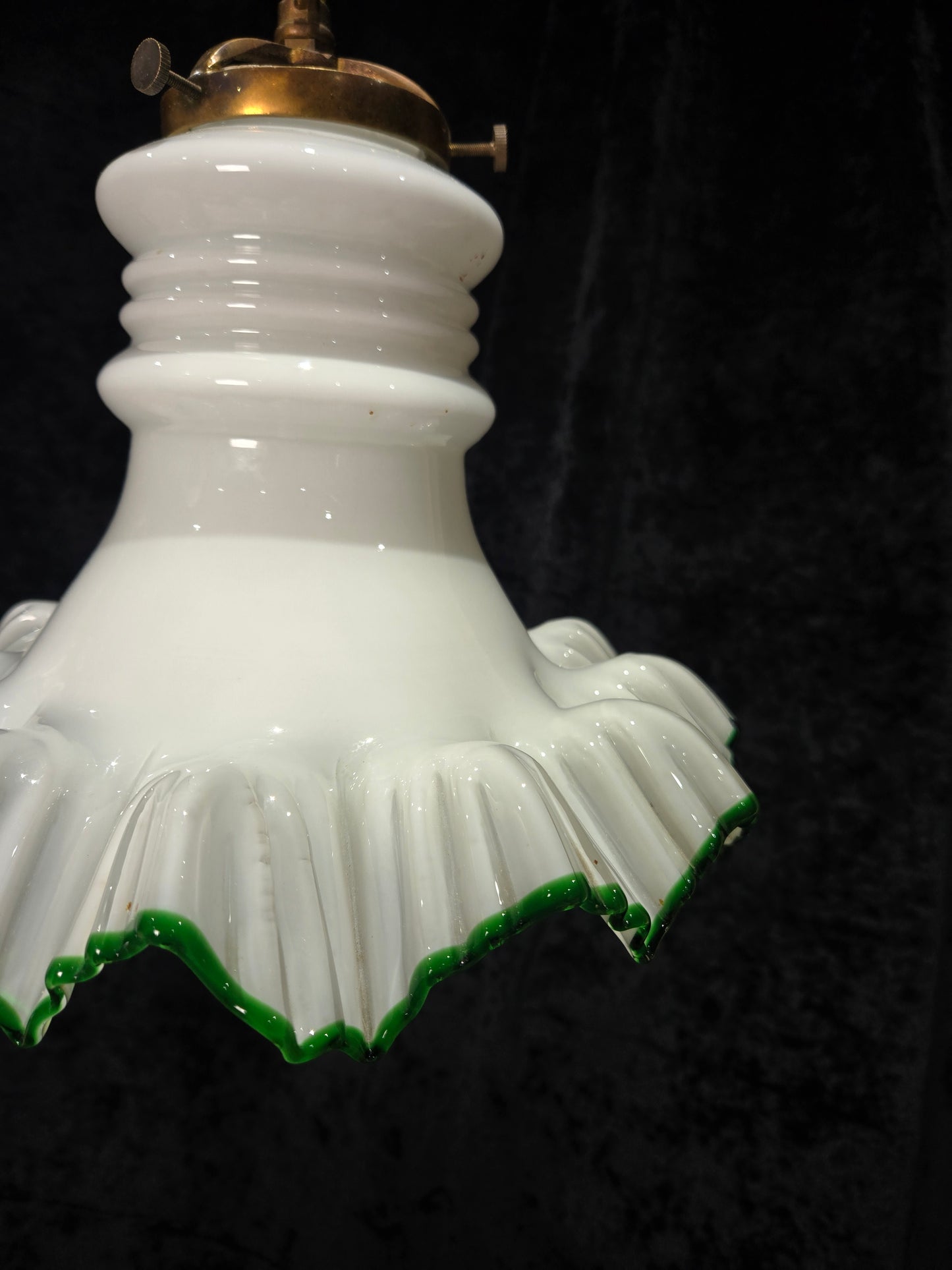 Fabulous Antique French Large Opaline Glass Shade Green Edging Brass Light