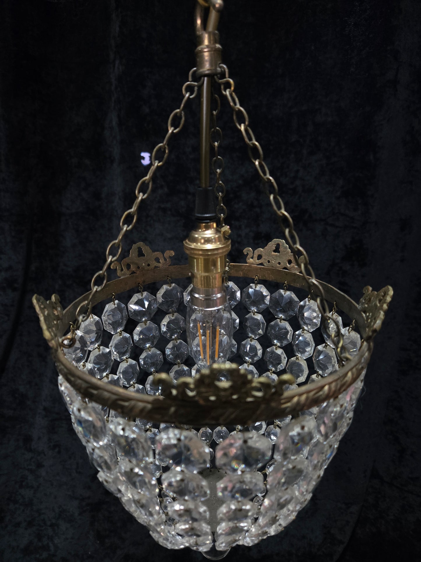 Beautiful Antique French Crystal Bag Brass and Bows Chandelier Ceiling Light