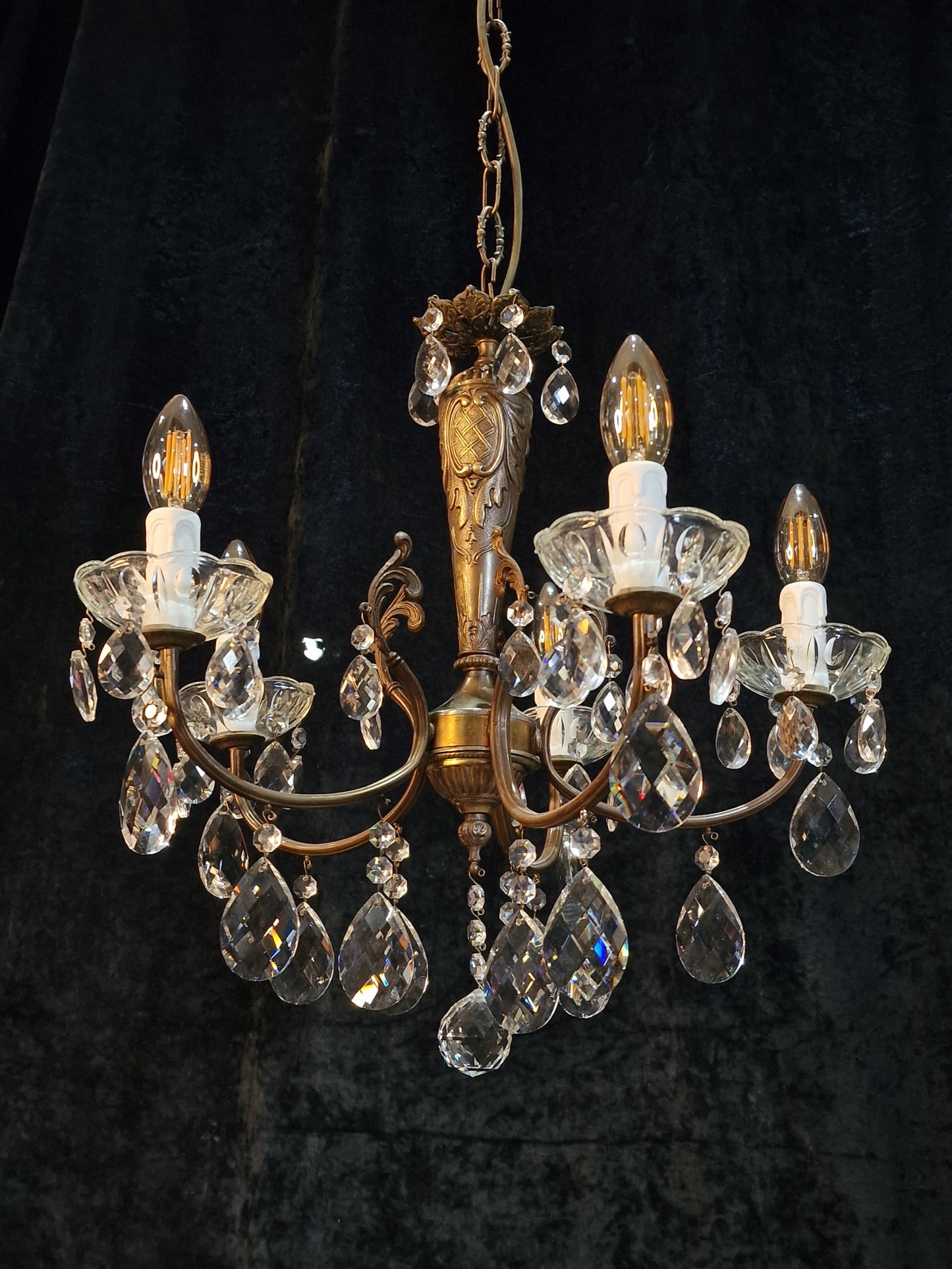 Lovely Elegant Vintage Italian 5 Arm Brass Crystal Chandelier Ceiling Light