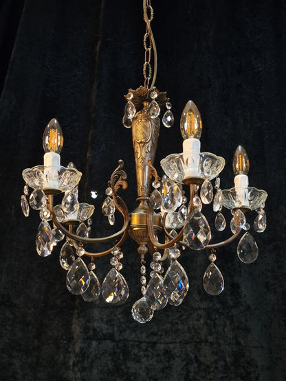 Lovely Elegant Vintage Italian 5 Arm Brass Crystal Chandelier Ceiling Light