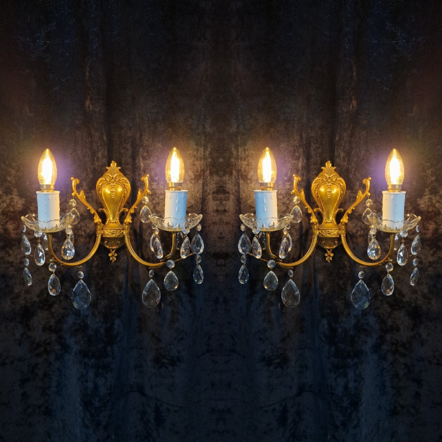 Lovely Pair of Vintage French Leaf Brass Crystal 2 Arm Wall Lights Sconces