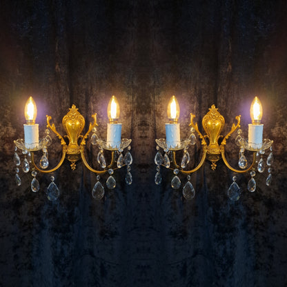 Lovely Pair of Vintage French Leaf Brass Crystal 2 Arm Wall Lights Sconces