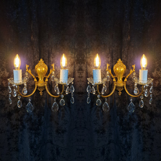 Lovely Pair of Vintage French Leaf Brass Crystal 2 Arm Wall Lights Sconces
