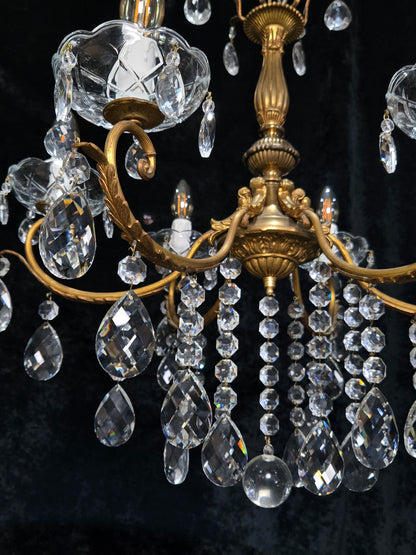 Gorgeous Heavy Vintage Italian 6 Arm Brass Leaf Crystal Chandelier Ceiling Light