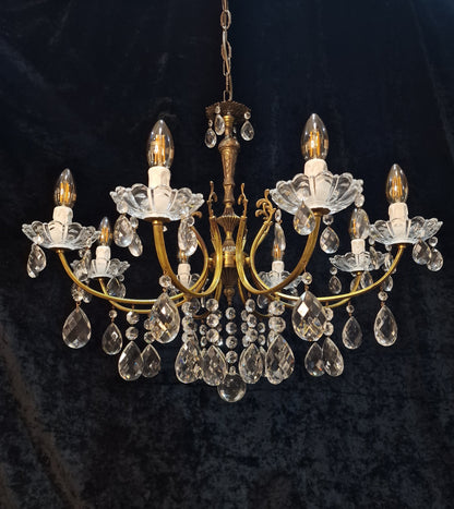 Lovely Vintage Italian 8 Arm 2 Tone Brass Leaf Crystal Chandelier Ceiling Light