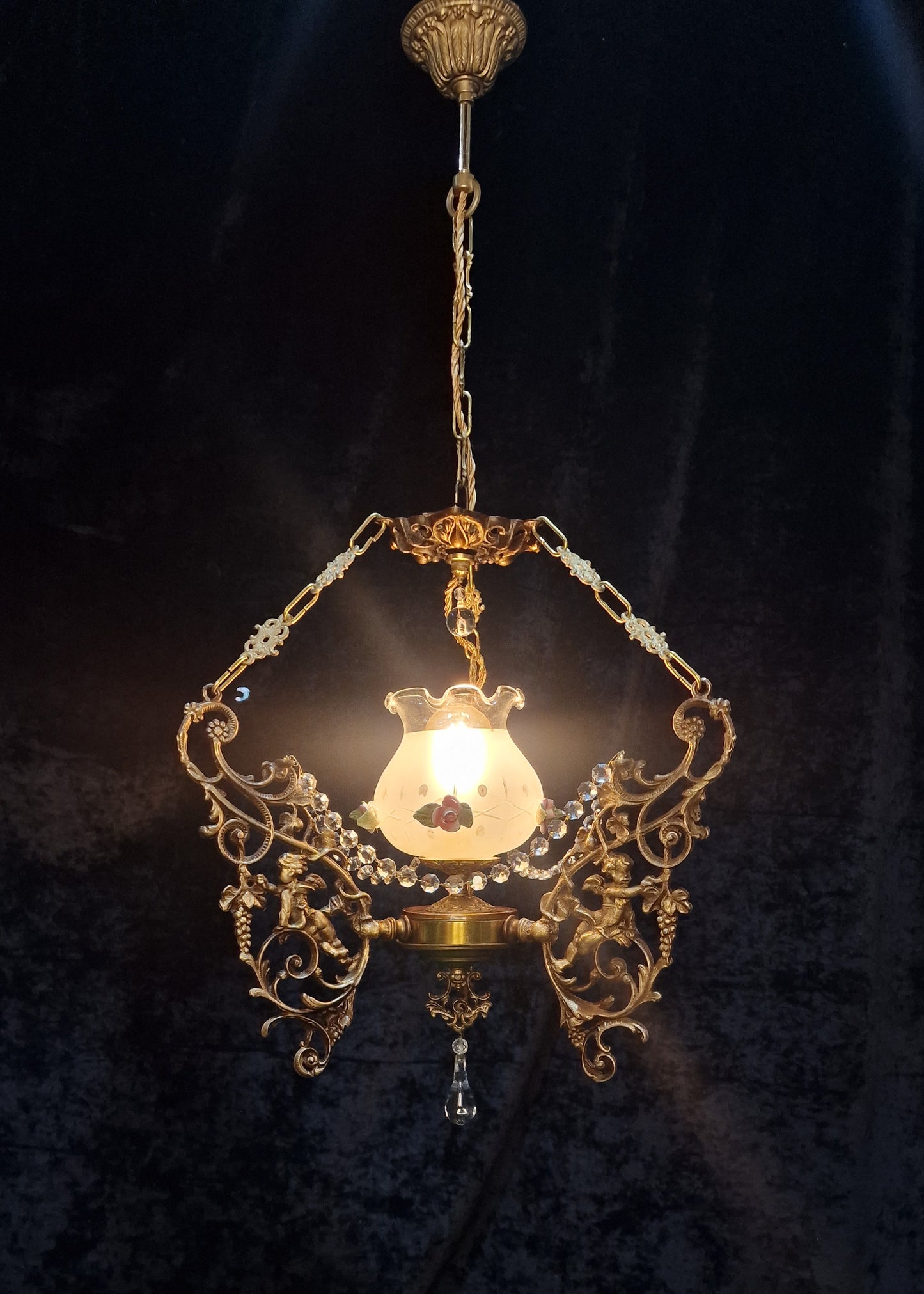 Beautiful Vintage Brass Italian Cherub Flower Caged Crystal Chandelier Light