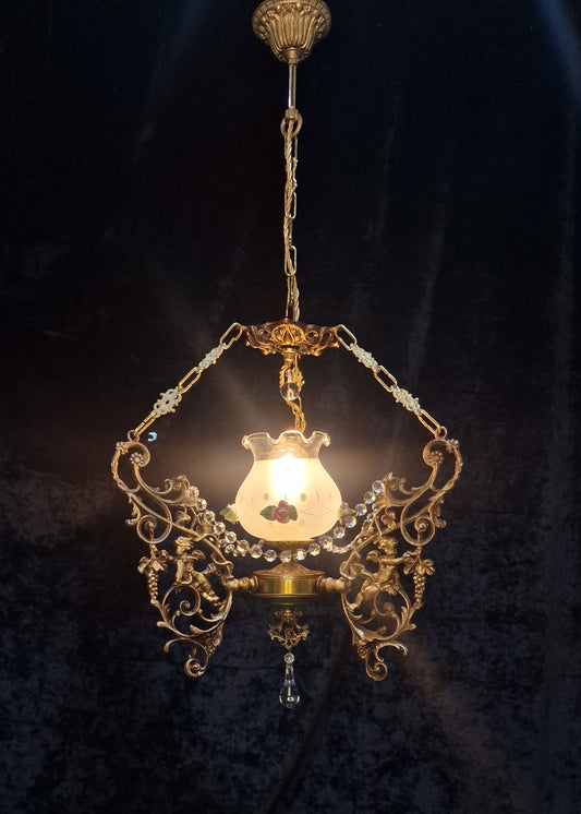Beautiful Vintage Brass Italian Cherub Flower Caged Crystal Chandelier Light
