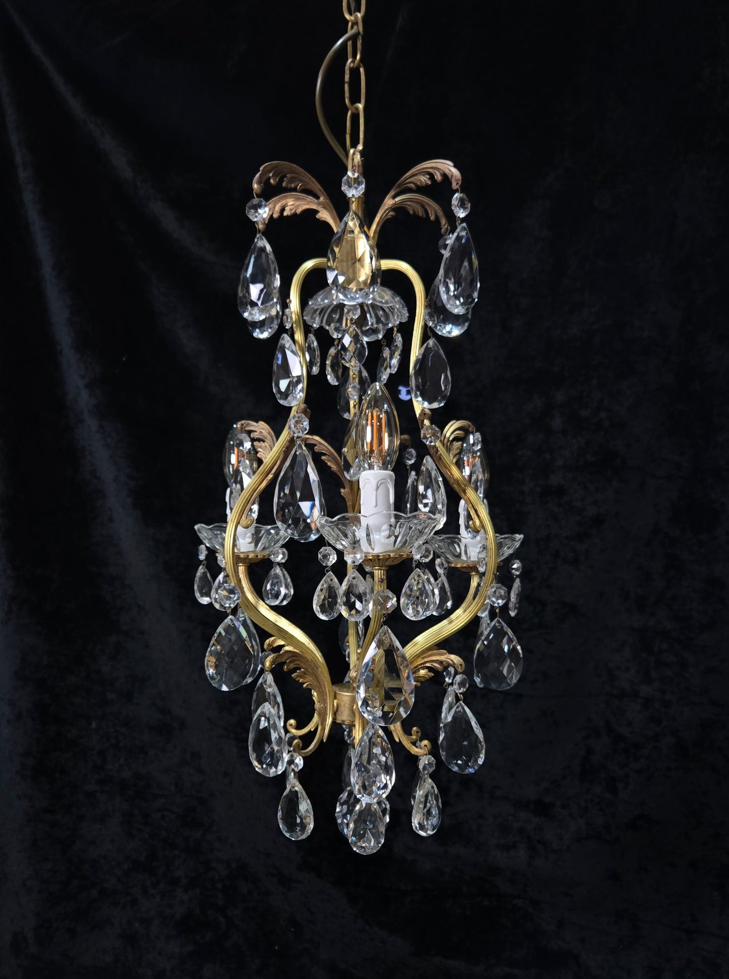 Beautiful Vintage Italian 3 Arm Brass Crystal Cage Leaf Chandelier Ceiling Light