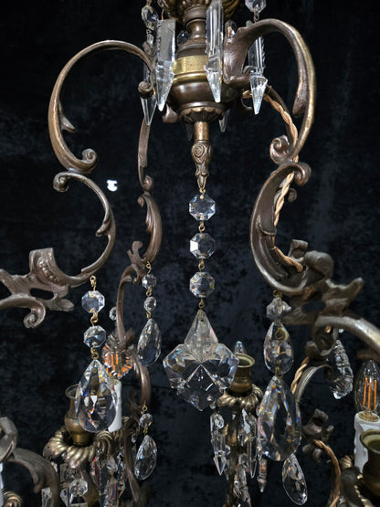Fabulous Antique Italian 8 Arm 4 Candle Cage Brass Crystal Chandelier Light