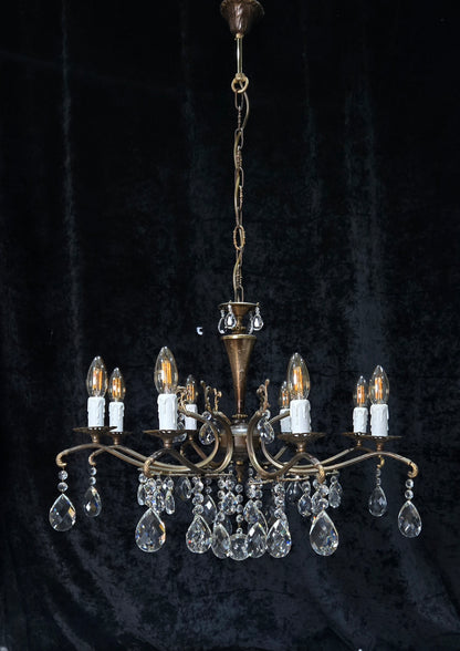 Gorgeous Vintage Italian 8 Arm Crystal Brass Leaf Chandelier Ceiling Light
