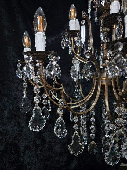 Fabulous Large Vintage Italian 12 Arm 18 Light Brass Crystal Leaf Chandelier