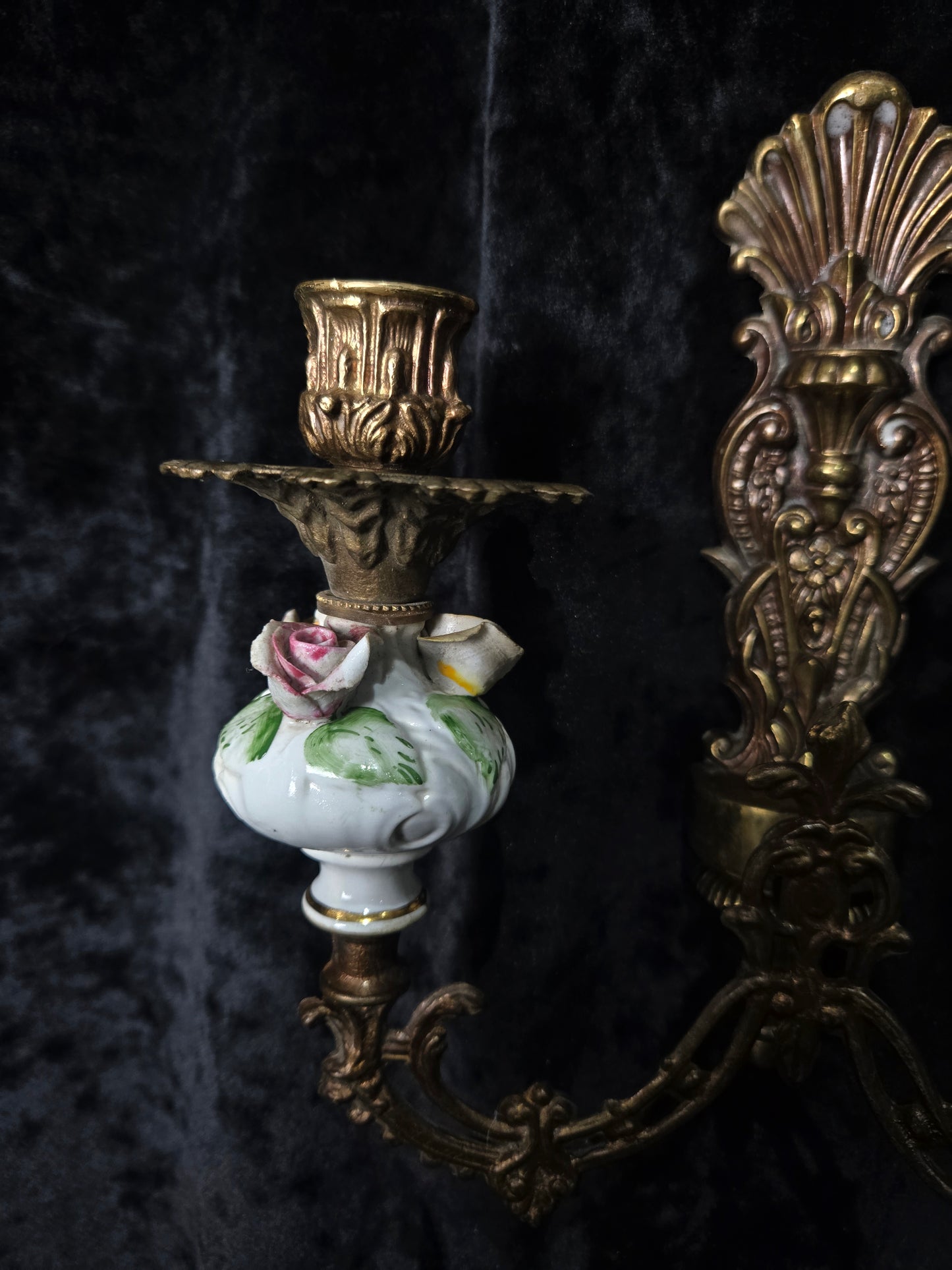 Beautiful Pair Vintage Italian 2 Arm Brass Porcelain Candle Wall Lights Sconces