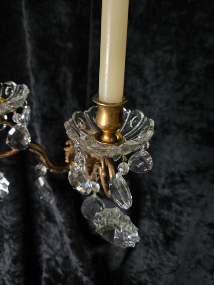 Gorgeous Pair of Vintage Italian 2 Arm Brass Crystal Candle Wall Lights Sconces