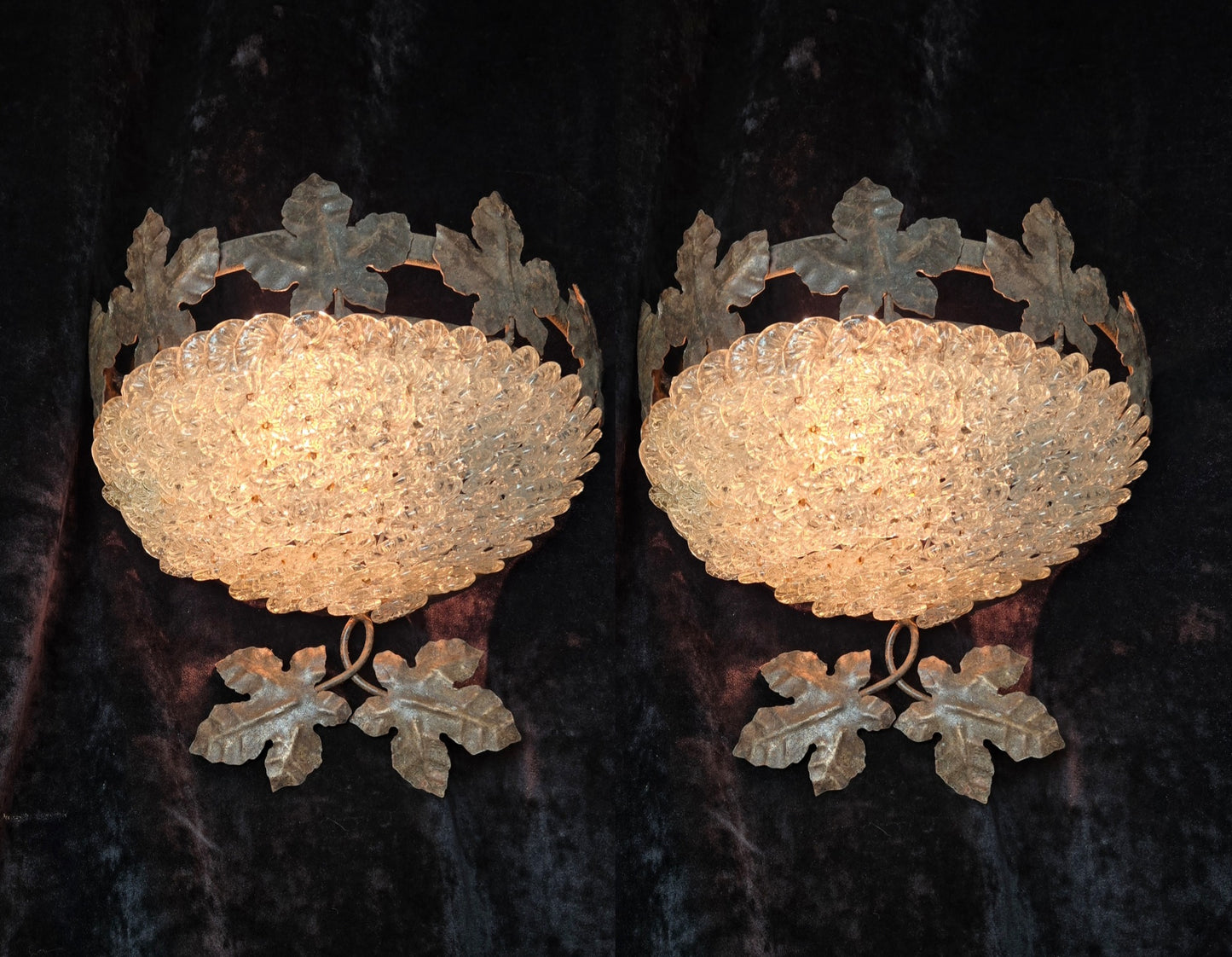 Fabulous Pair Vintage French Iron Murano Glass Basket Leaf Wall Lights Sconces