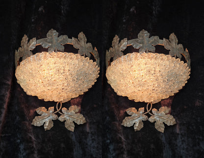 Fabulous Pair Vintage French Iron Murano Glass Basket Leaf Wall Lights Sconces