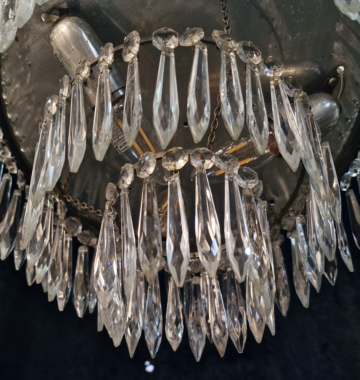 Beautiful Vintage French 3 Tier 3 Light Brass Crystal Waterfall Flush Mount