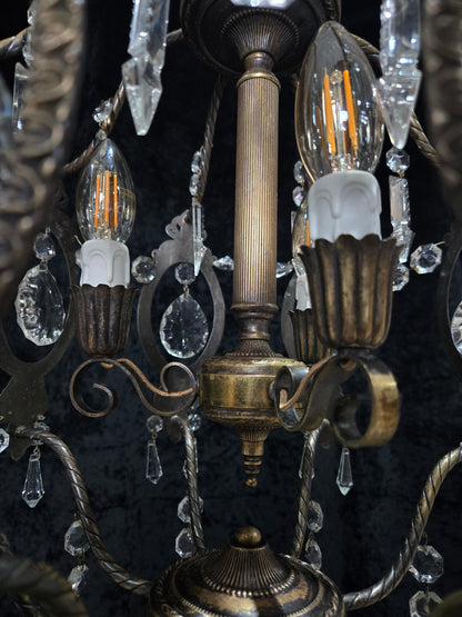 Elegant Vintage Italian Large 3 Arm Cage Crystal Brass Chandelier Ceiling Light