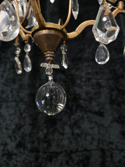 Lovely Petite Antique French 3 Arm Cage Brass Crystal Chandelier Ceiling Light