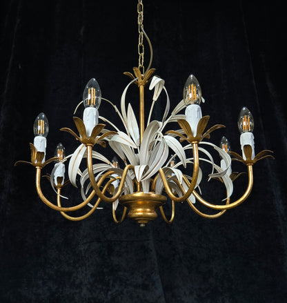 Lovely Vintage Italian MASCA Gilded Toleware 8 Arm Chandelier Ceiling Light