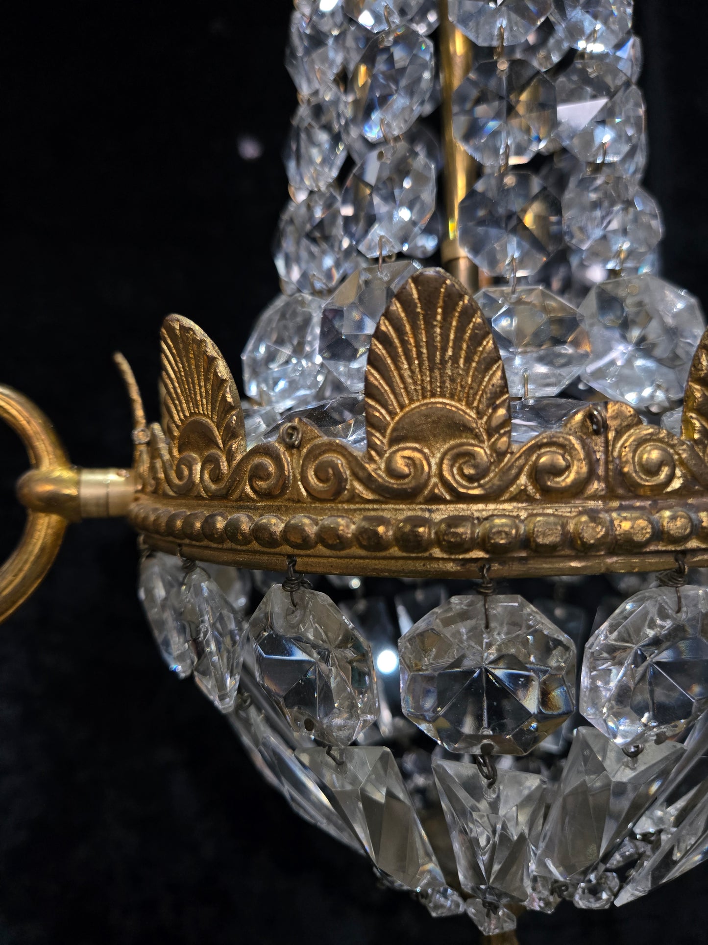 Traditional Vintage French 3 Arm Brass and Crystal Montgolfiere Bag Chandelier