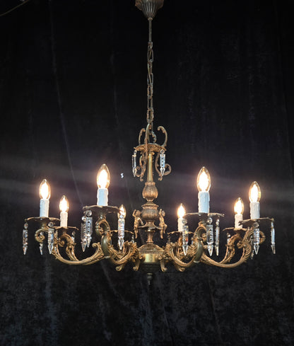 Fabulous Vintage Italian 8 Arm Large Brass Crystal Cherub Chandelier Light