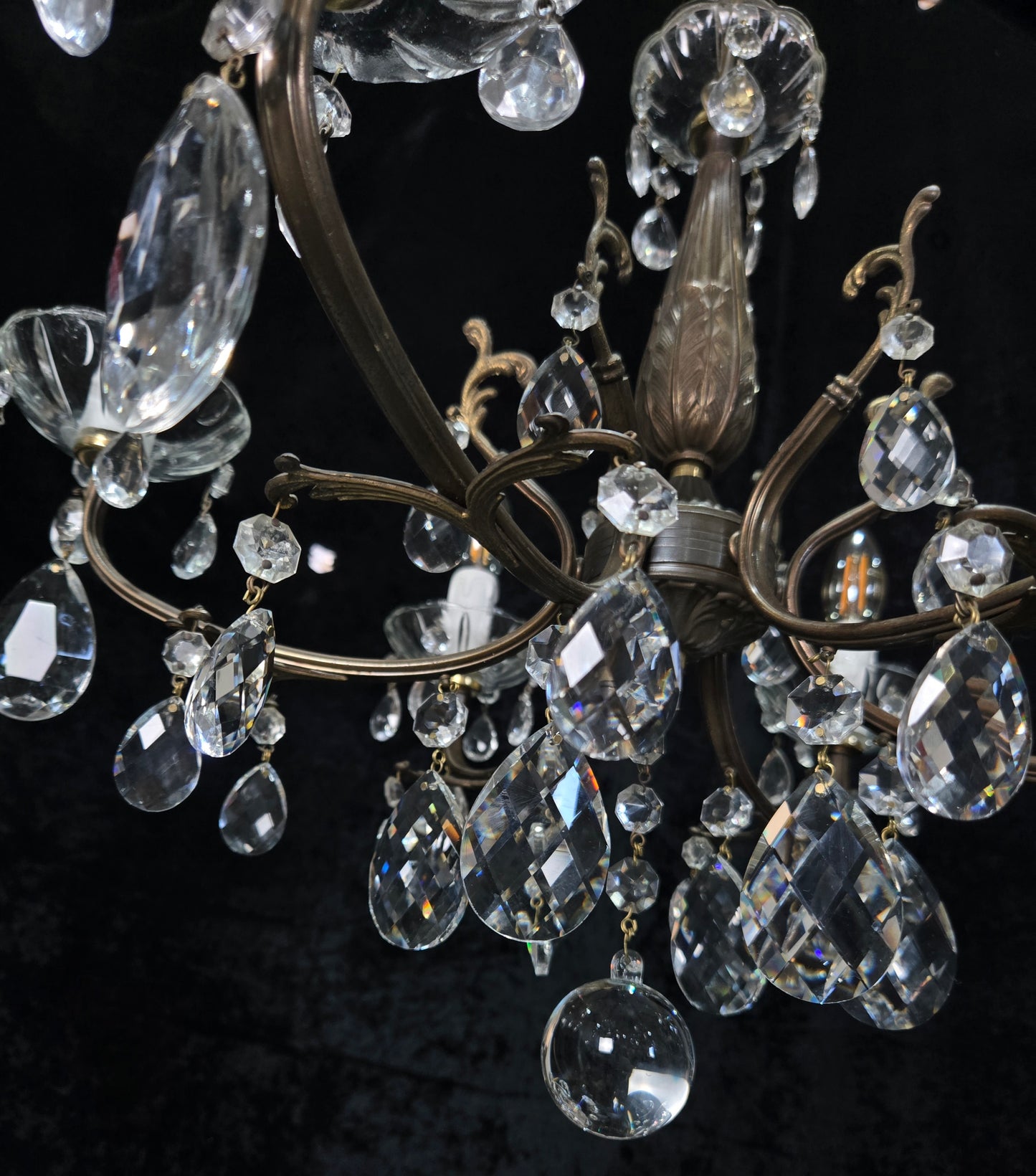 Beautiful Vintage Italian 6 Arm Brass Glass Crystal Chandelier Ceiling Light